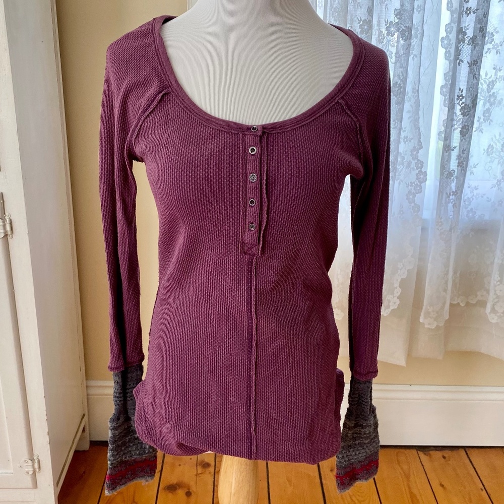 Free People Alpine Ski Lodge Sweater Cuff Thermal Henley Shirt Purple M